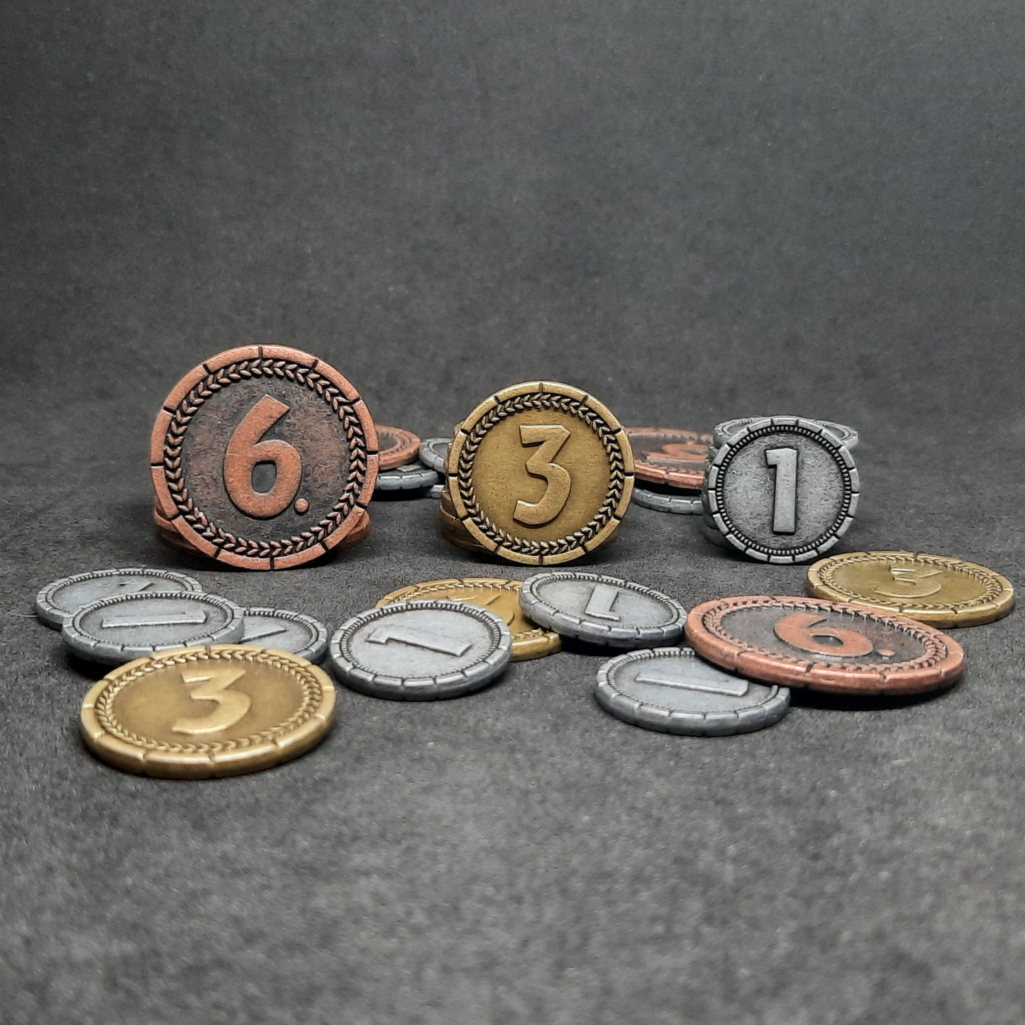 Set of silver, gold and bronze 7 Wonders metal coins of value 1, 3, 6 for board games
