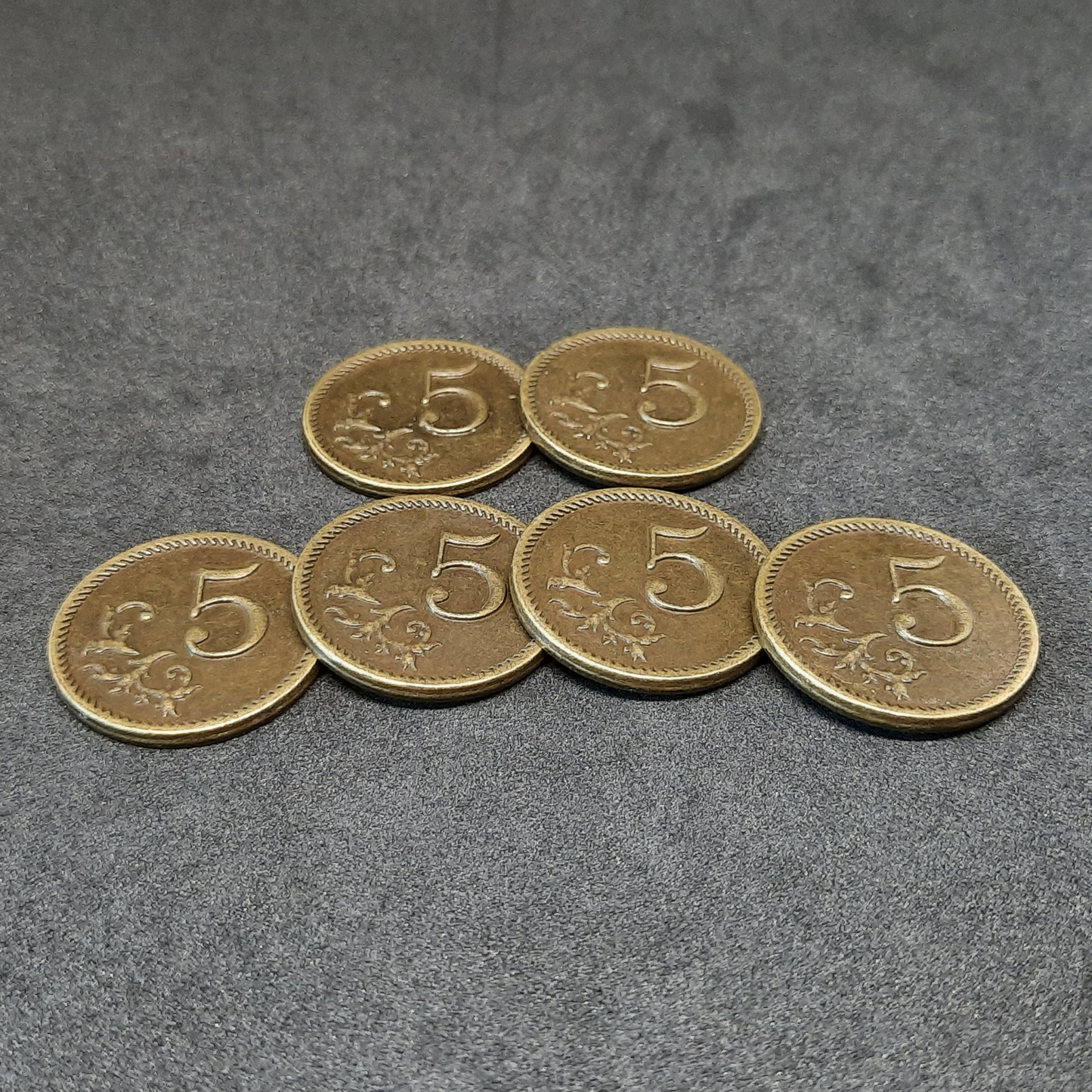 Gold metal coins of value 5 for board games, 25mm
