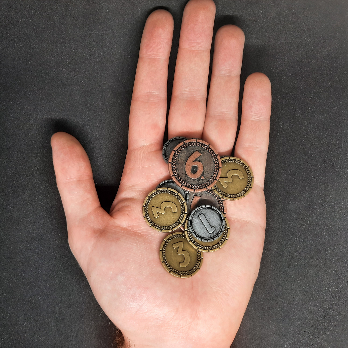 Set of silver, gold and bronze 7 Wonders metal coins of value 1, 3, 6 for board games