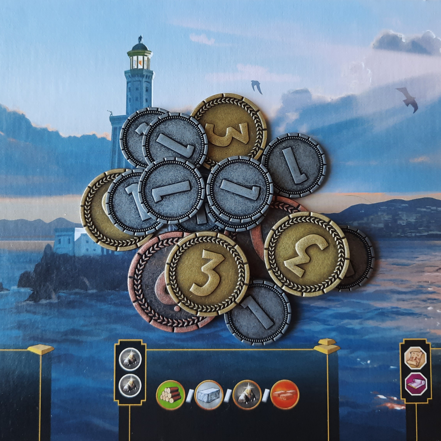 Set of metal coins for 7 Wonders and 7 Wonders Duel, silver, gold and bronze (20mm, 25mm, 30mm)