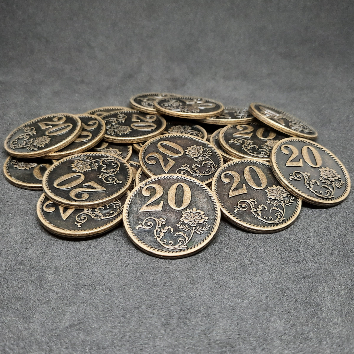 Antique gold metal coins of value 20 for board games, 32mm