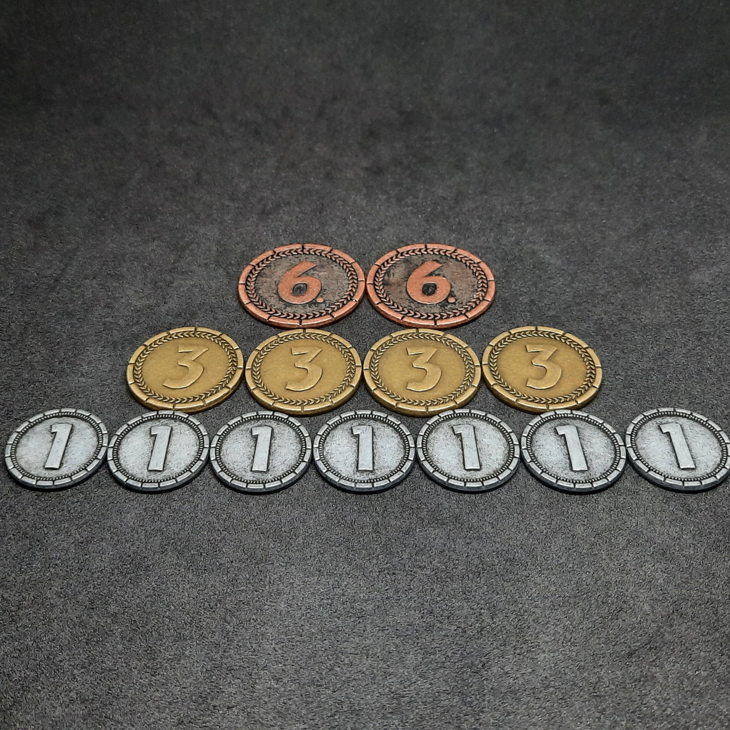 Set of silver, gold and bronze 7 Wonders metal coins of value 1, 3, 6 for board games