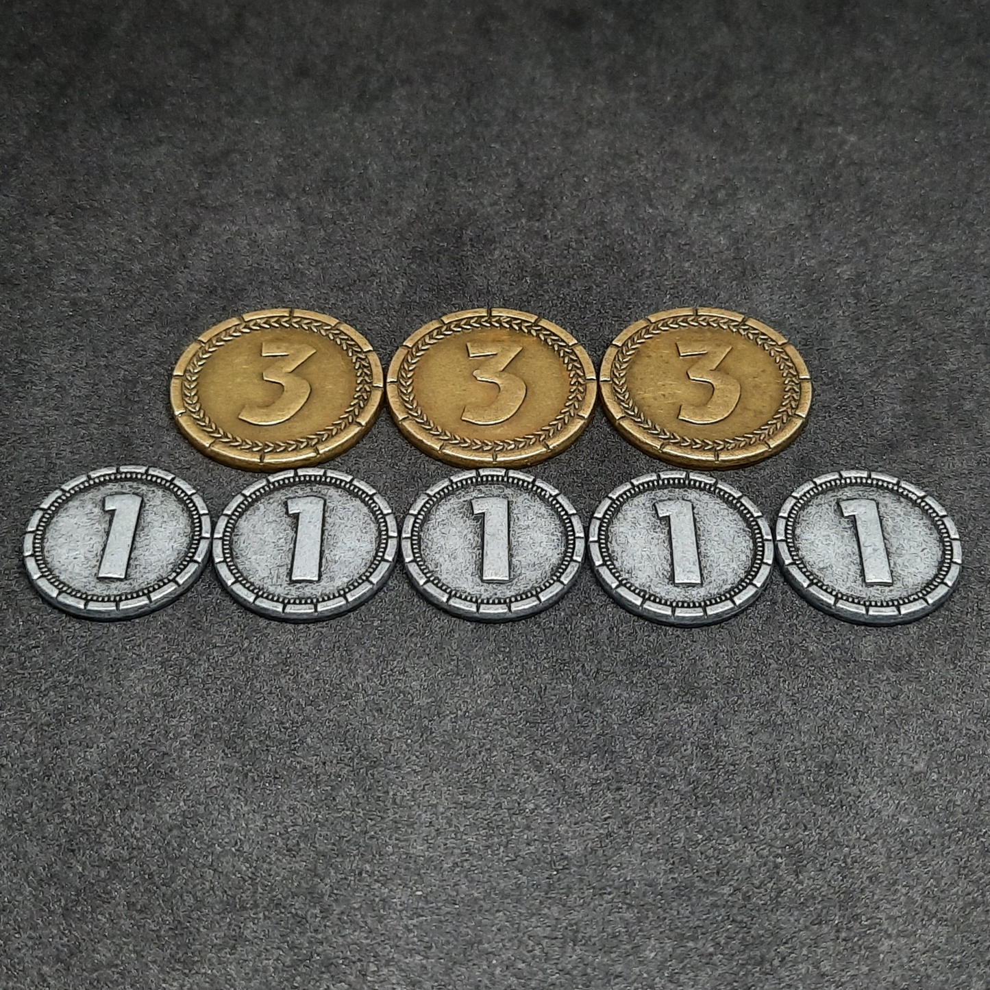Set of silver and gold 7 Wonders metal coins of value 1 and 3 for board games