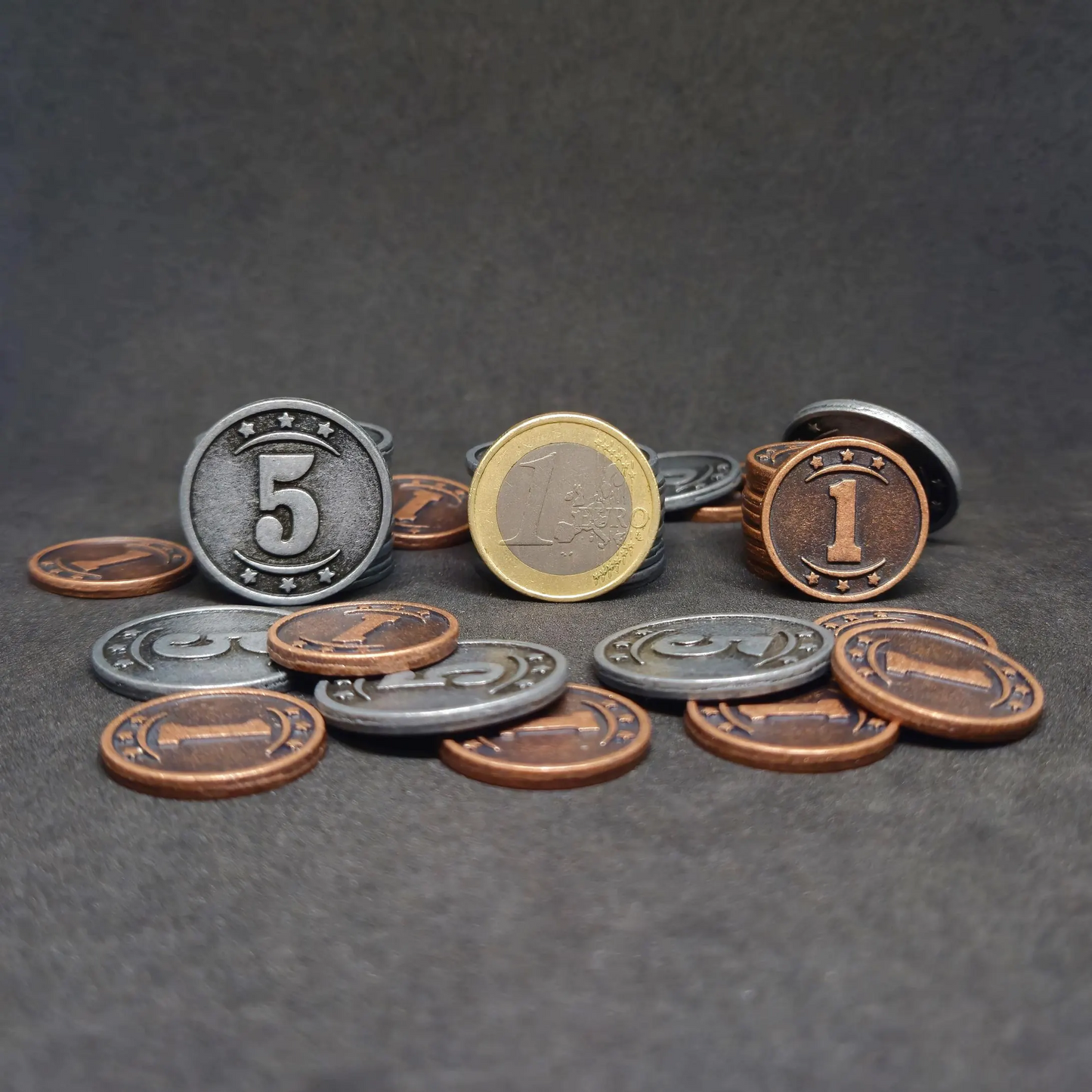 Set of bronze and silver western metal coins of value 1 and 5 for board games