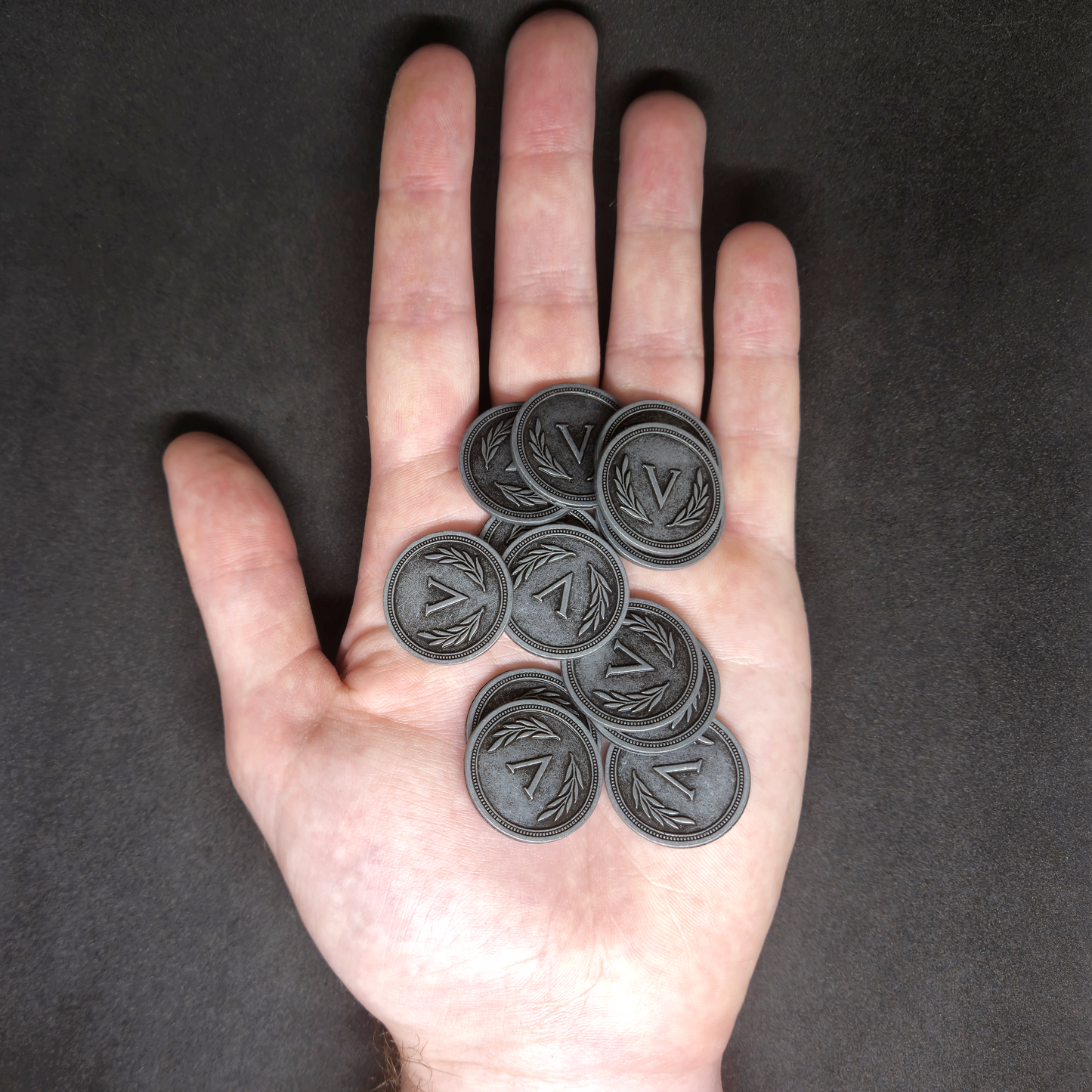 Silver roman metal coins of value 5 for board games, 25mm