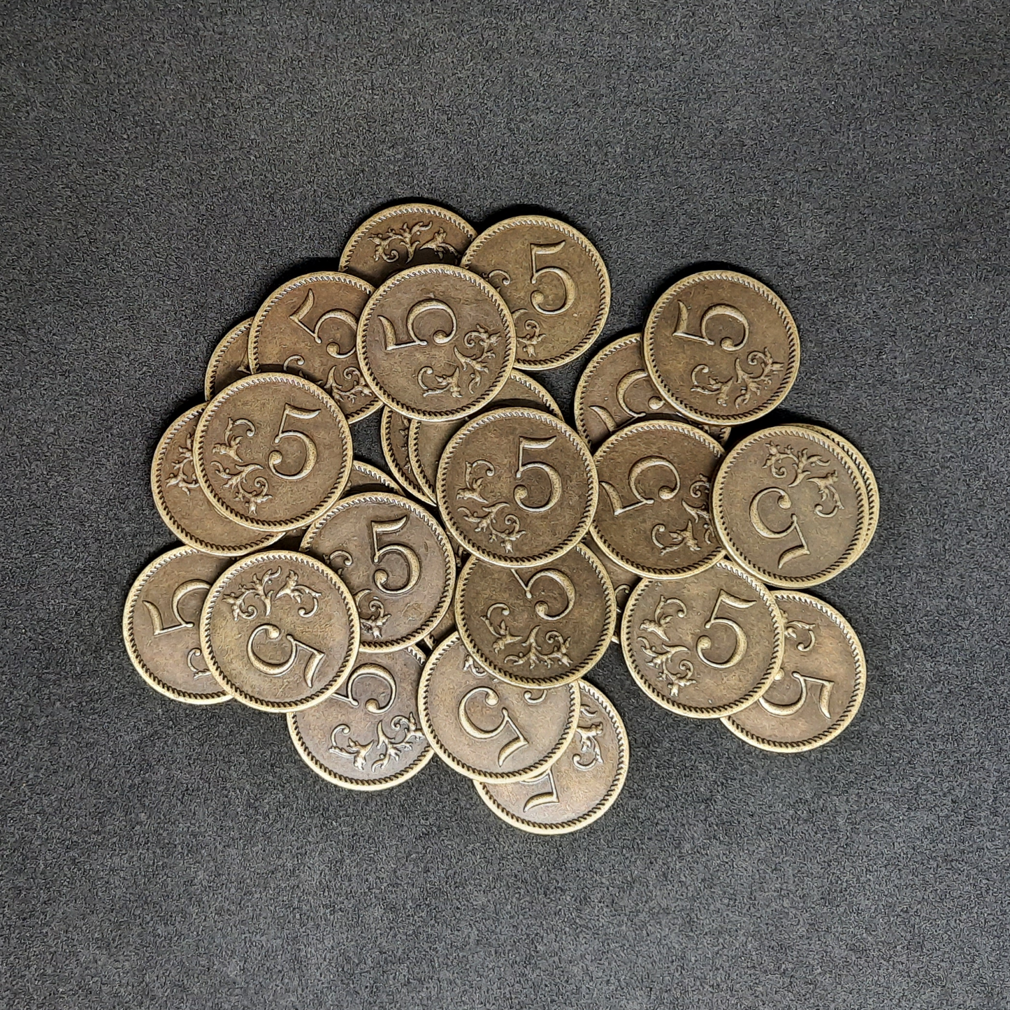 Gold metal coins of value 5 for board games, 25mm