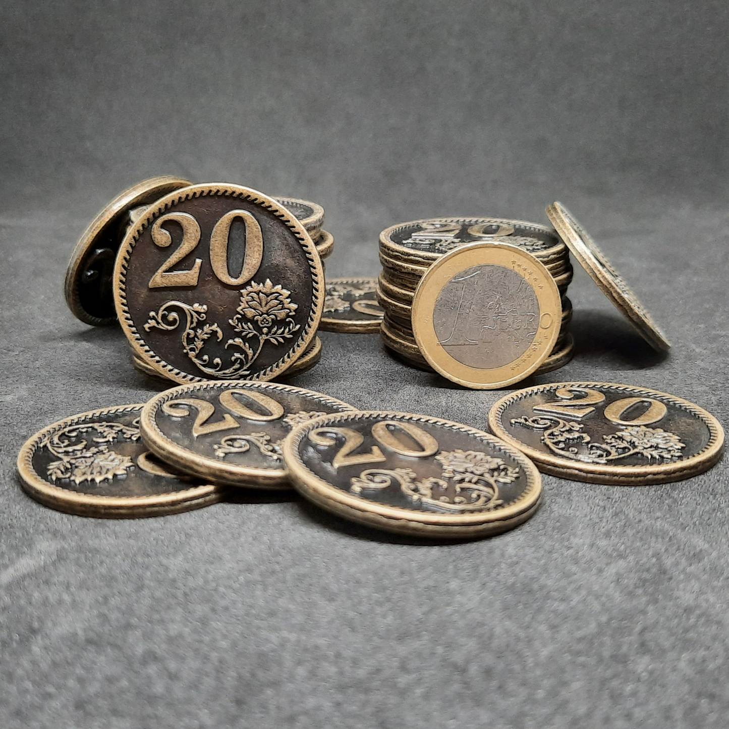 Antique gold metal coins of value 20 for board games, 32mm