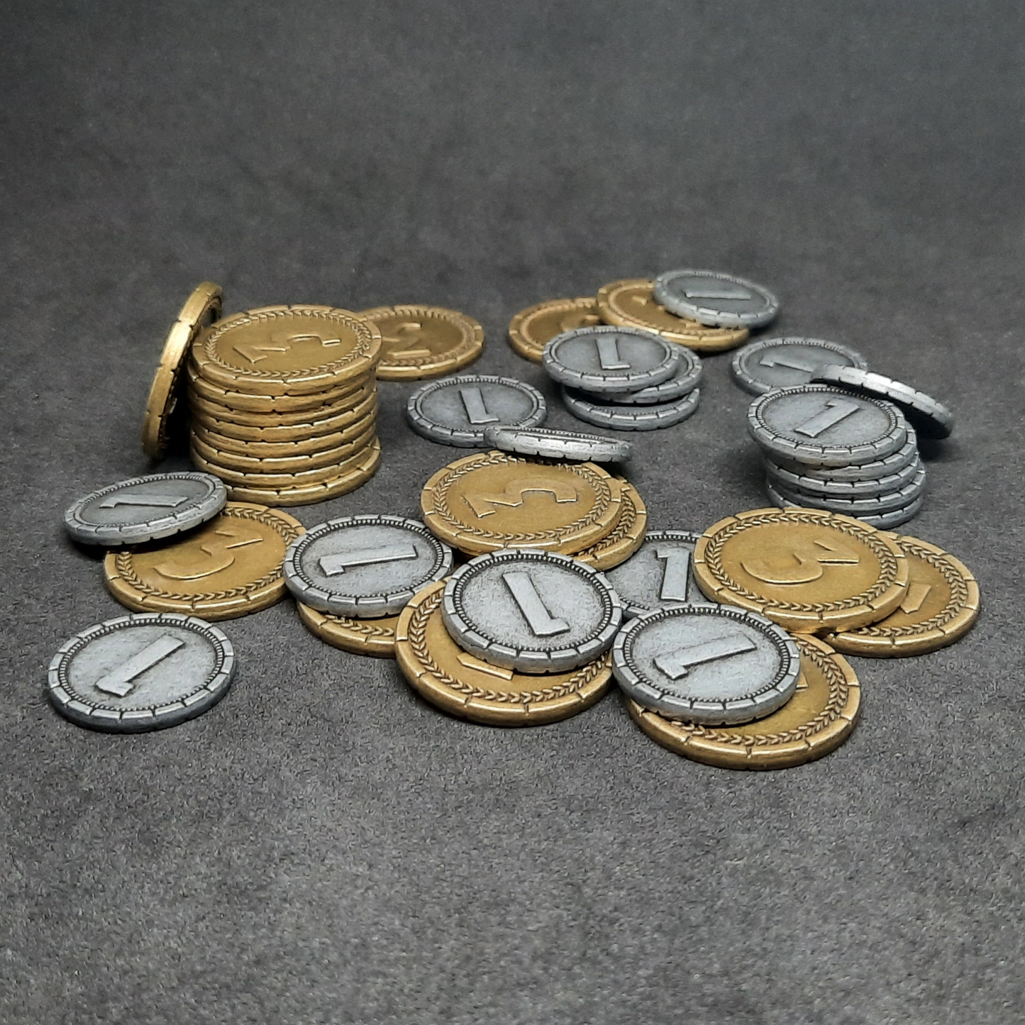Set of silver and gold 7 Wonders metal coins of value 1 and 3 for board games