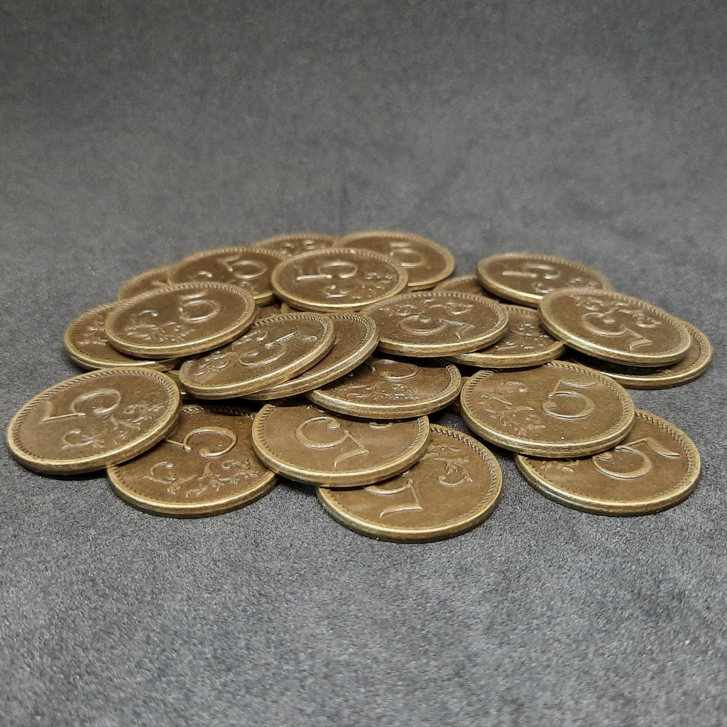 Gold metal coins of value 5 for board games, 25mm