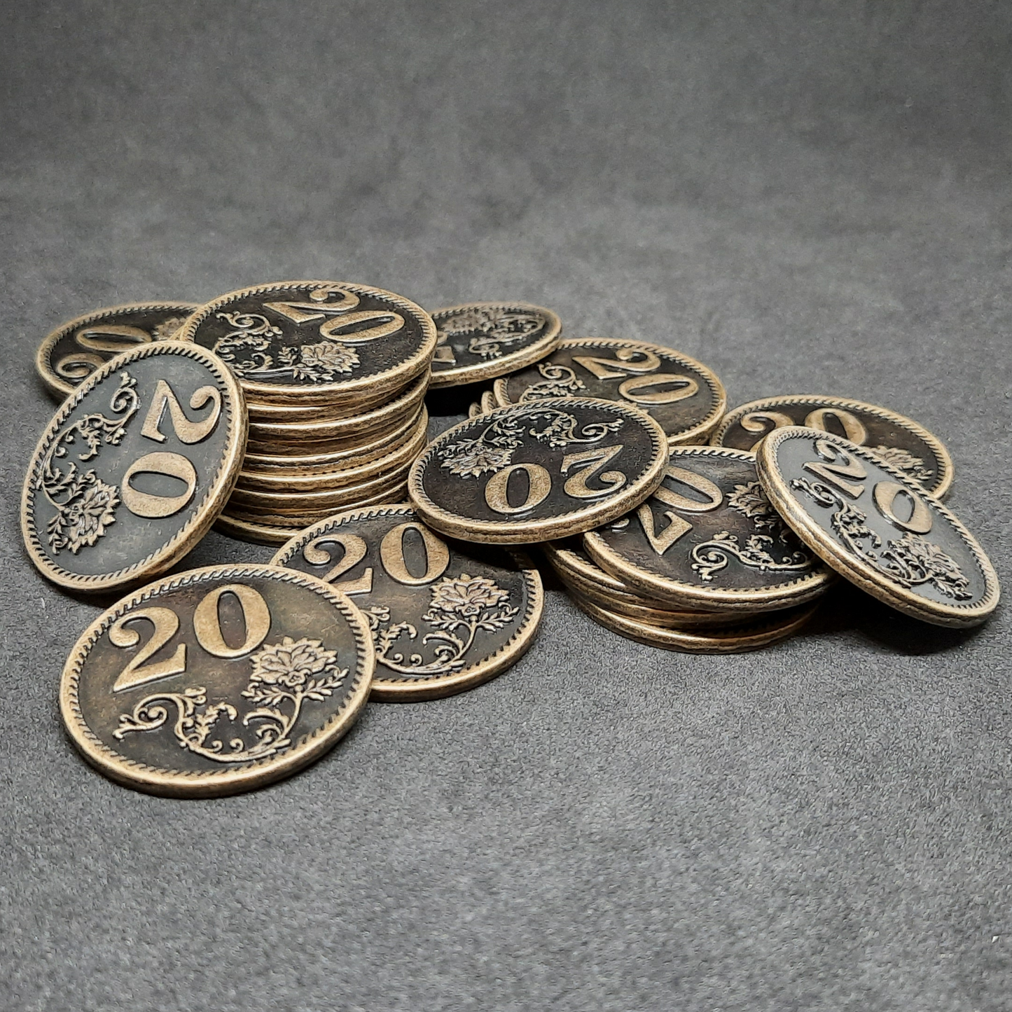 Antique gold metal coins of value 20 for board games, 32mm