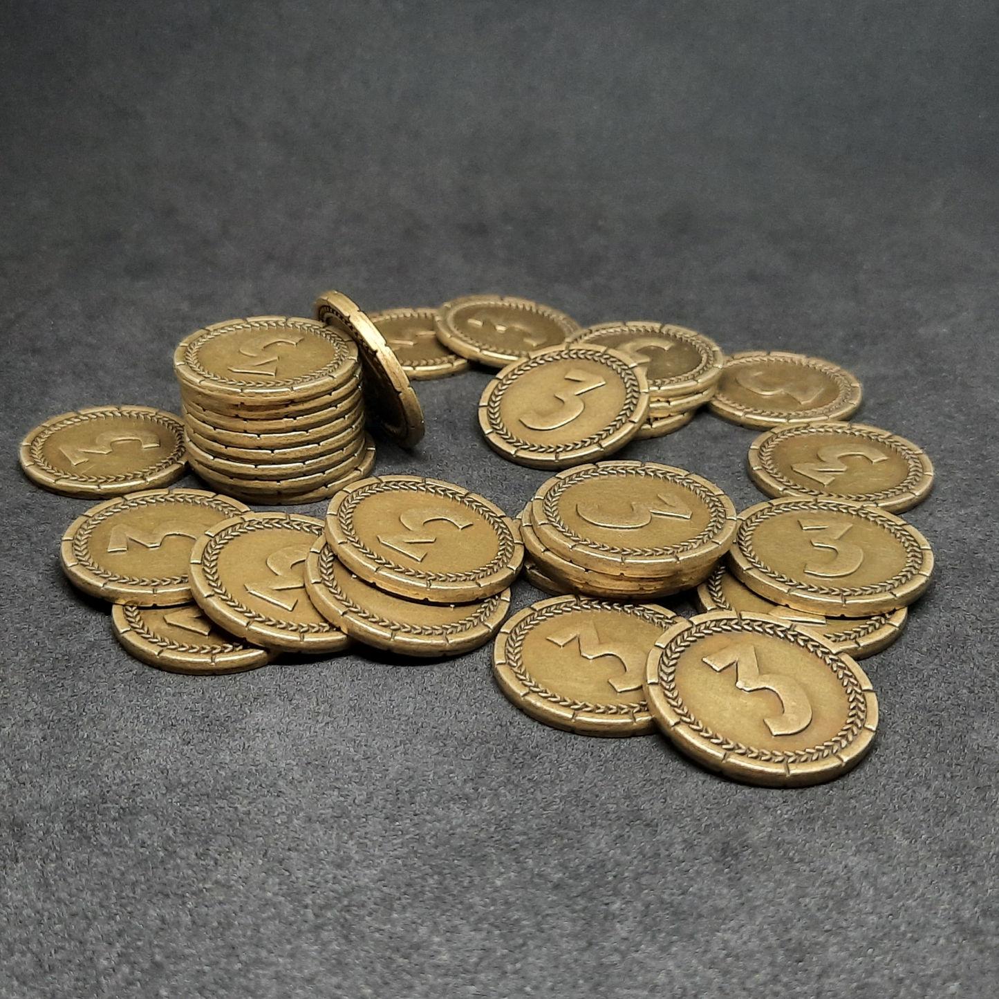 Gold 7 Wonders metal coins of value 3 for board games, 25mm