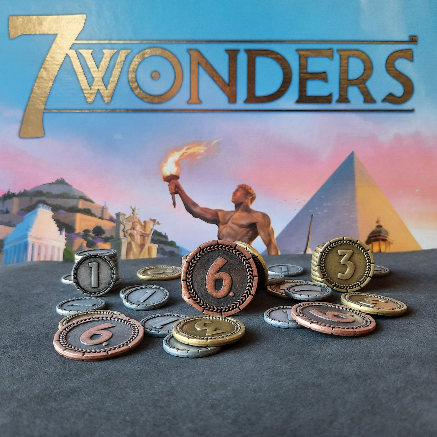 Set of metal coins for 7 Wonders and 7 Wonders Duel, silver, gold and bronze (20mm, 25mm, 30mm)