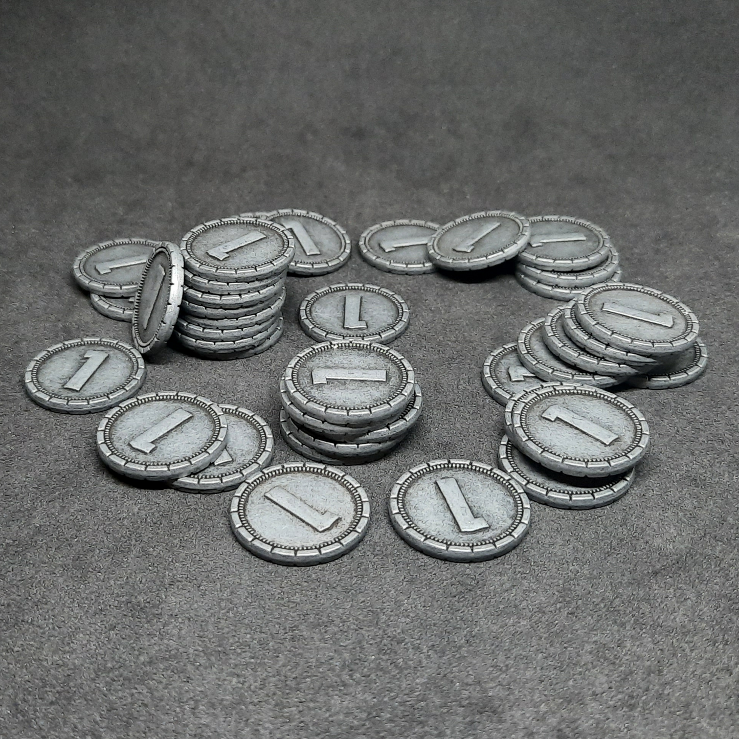 Silver 7 Wonders metal coins of value 1 for board games, 20mm