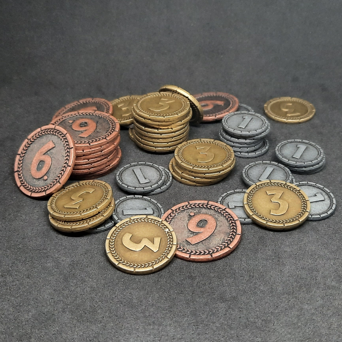 Set of silver, gold and bronze 7 Wonders metal coins of value 1, 3, 6 for board games