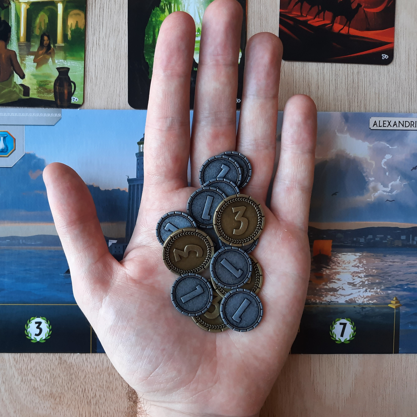 Set of metal coins for 7 Wonders and 7 Wonders Duel, silver, gold and bronze (20mm, 25mm, 30mm)