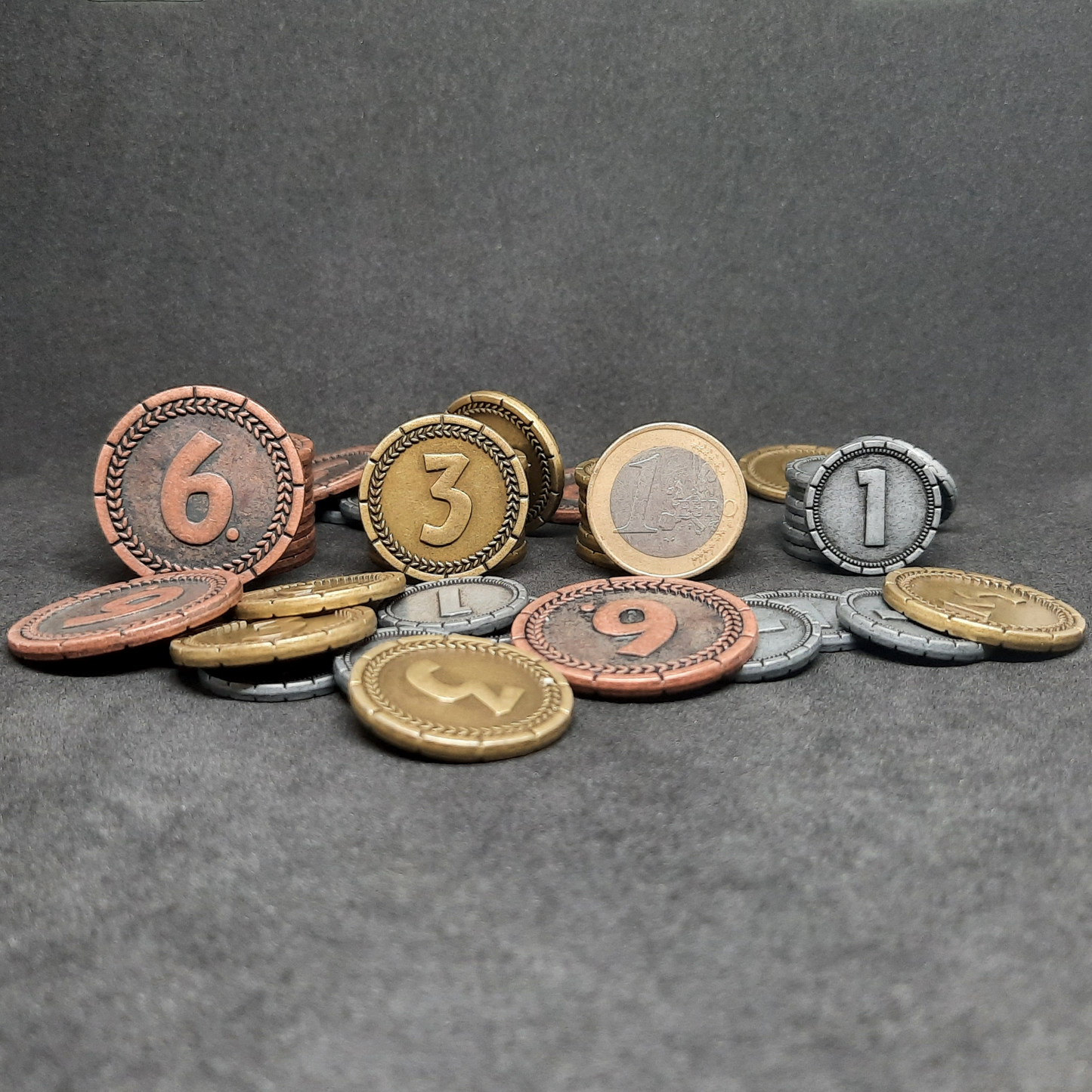 Set of silver, gold and bronze 7 Wonders metal coins of value 1, 3, 6 for board games
