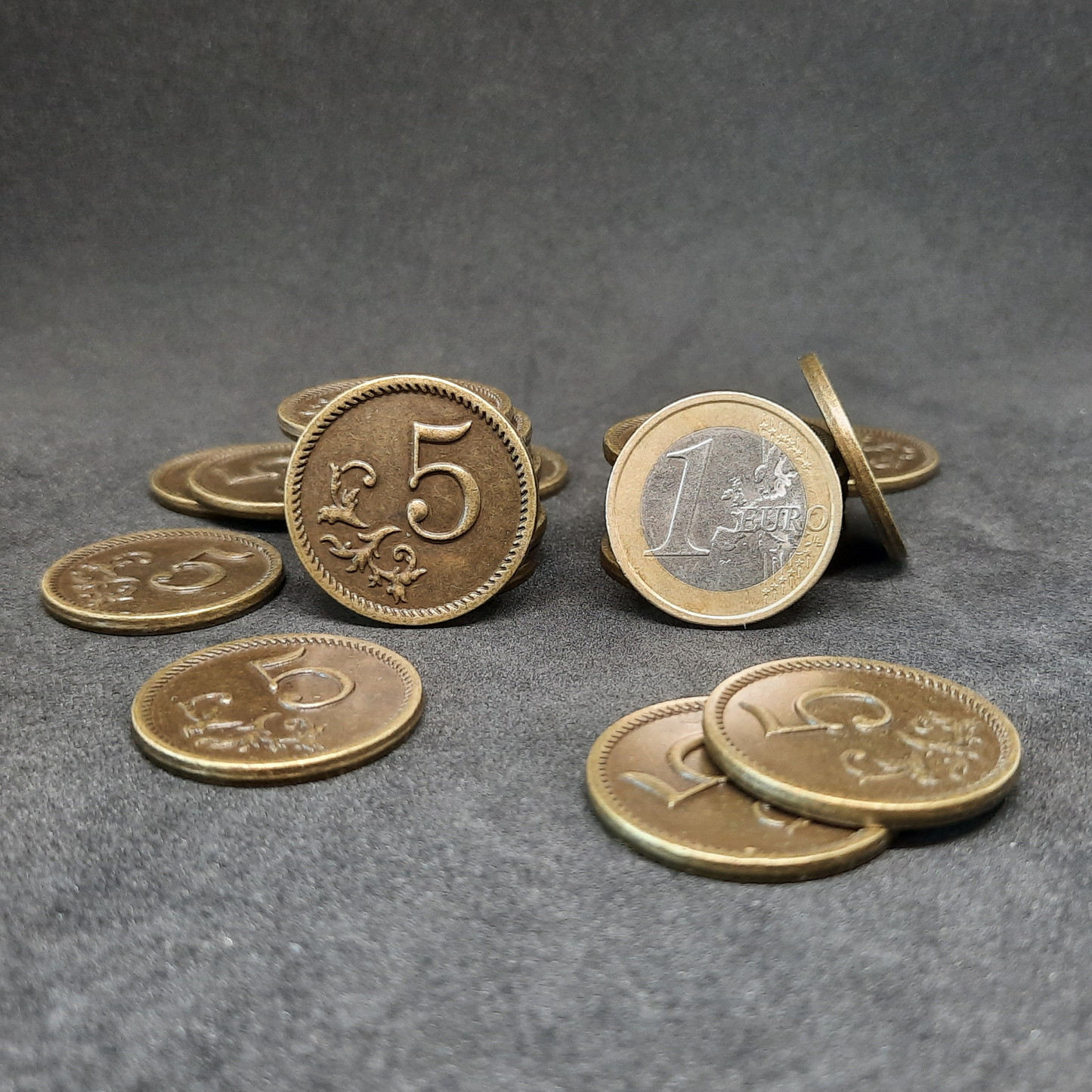 Gold metal coins of value 5 for board games, 25mm