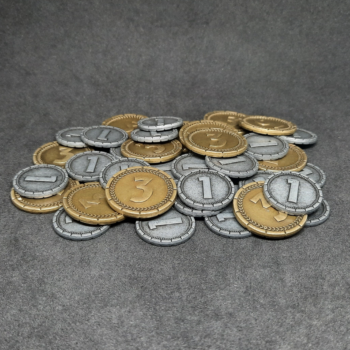 Set of silver and gold 7 Wonders metal coins of value 1 and 3 for board games