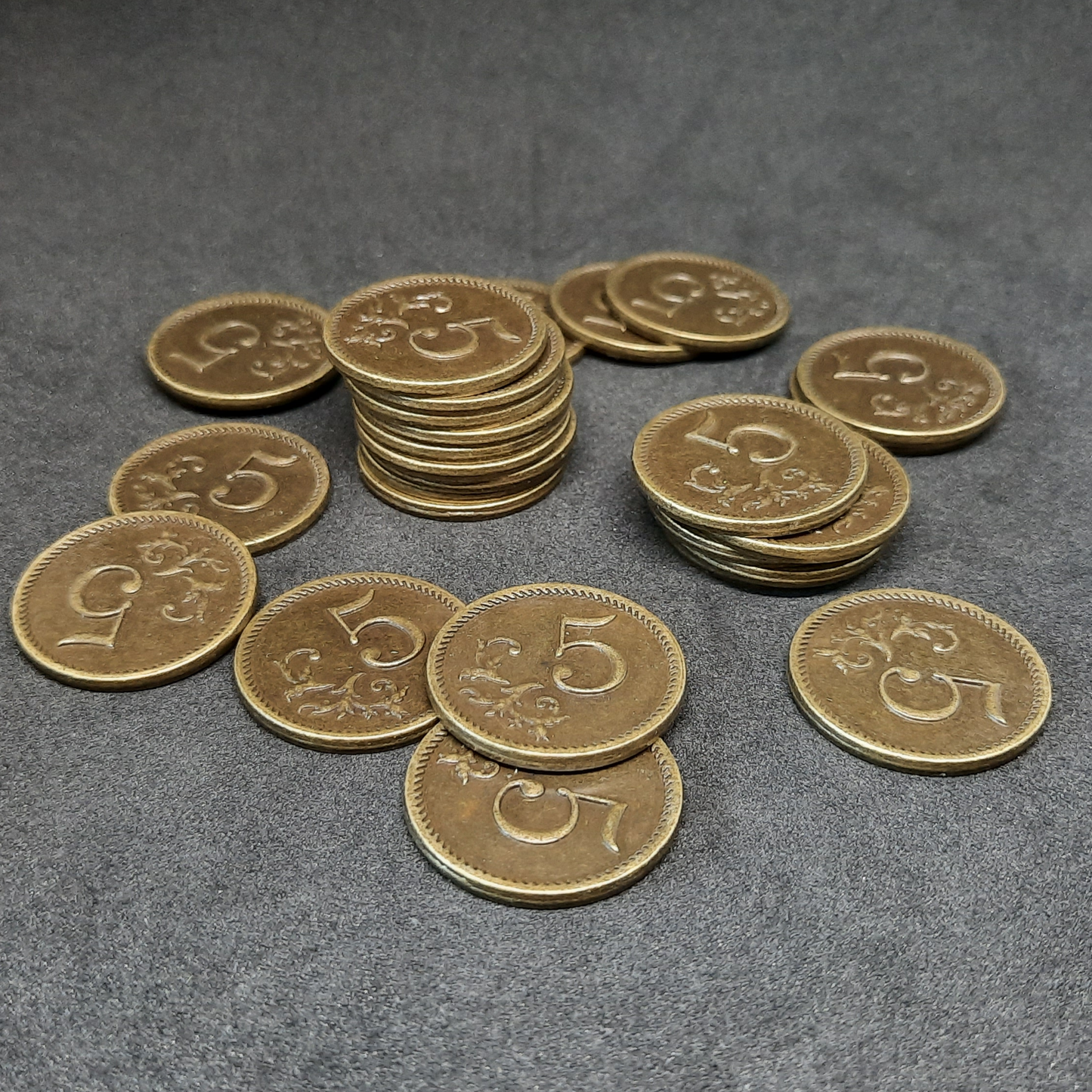 Gold metal coins of value 5 for board games, 25mm