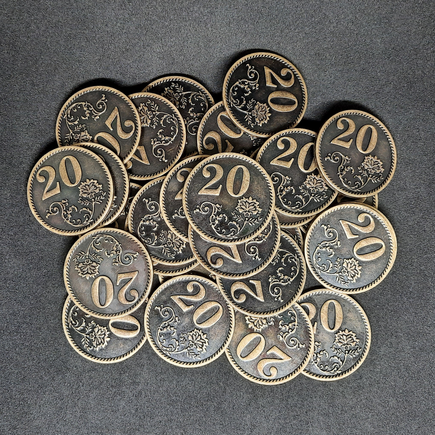Antique gold metal coins of value 20 for board games, 32mm