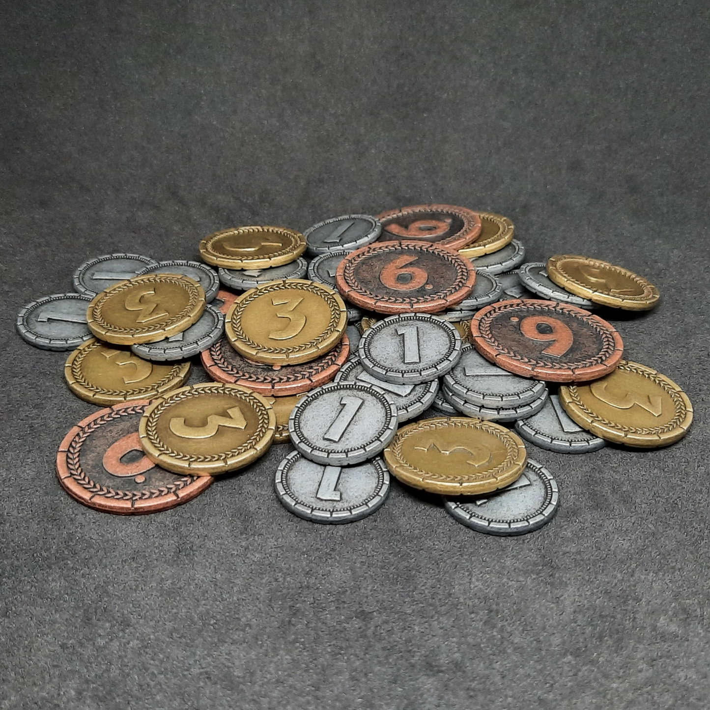 Set of silver, gold and bronze 7 Wonders metal coins of value 1, 3, 6 for board games