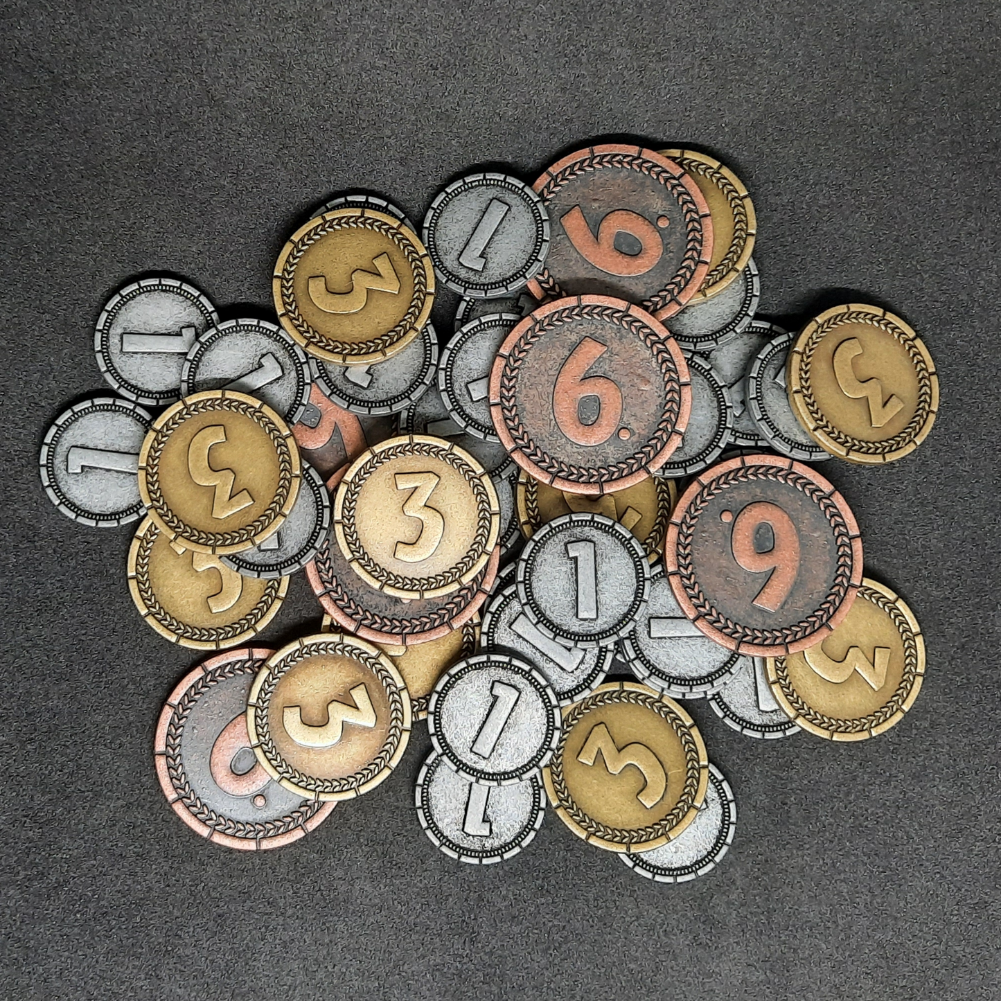 Set of silver, gold and bronze 7 Wonders metal coins of value 1, 3, 6 for board games