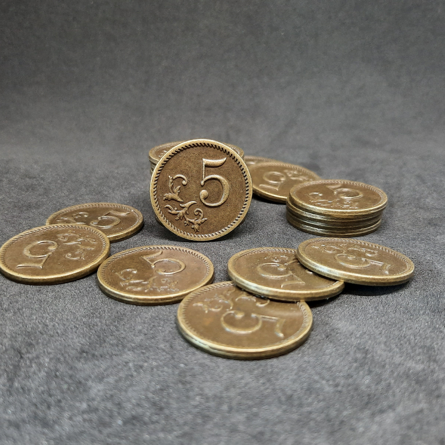Gold metal coins of value 5 for board games, 25mm