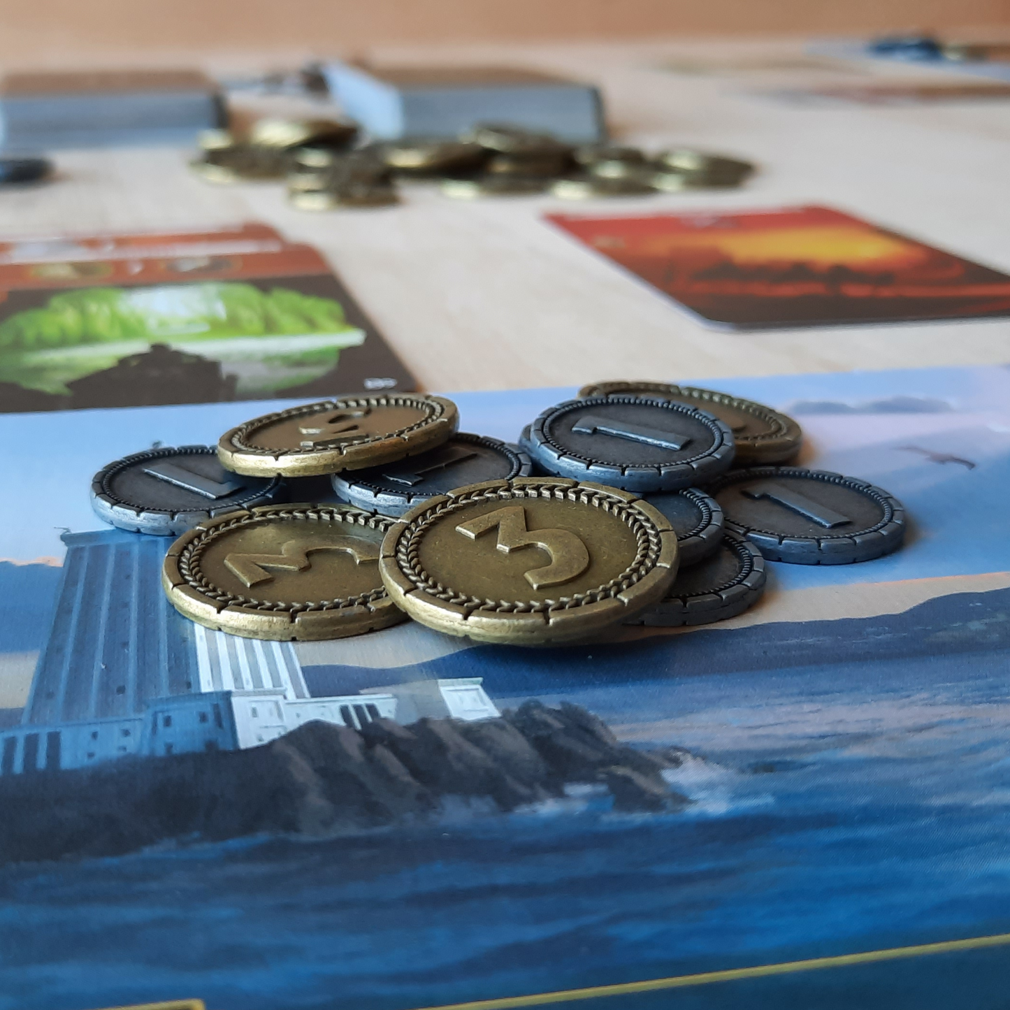 Set of metal coins for 7 Wonders and 7 Wonders Duel, silver, gold and bronze (20mm, 25mm, 30mm)
