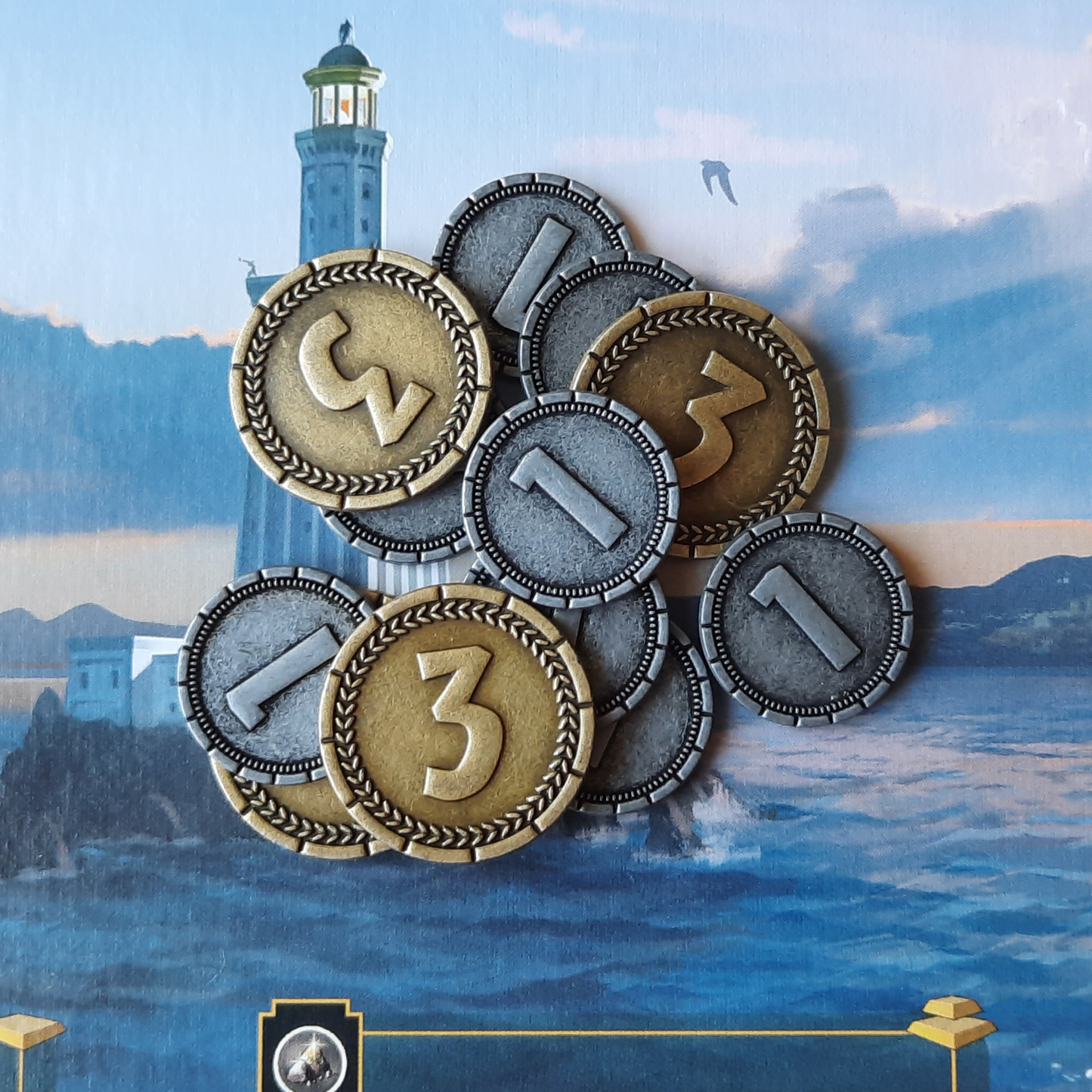 Set of metal coins for 7 Wonders and 7 Wonders Duel, silver, gold and bronze (20mm, 25mm, 30mm)