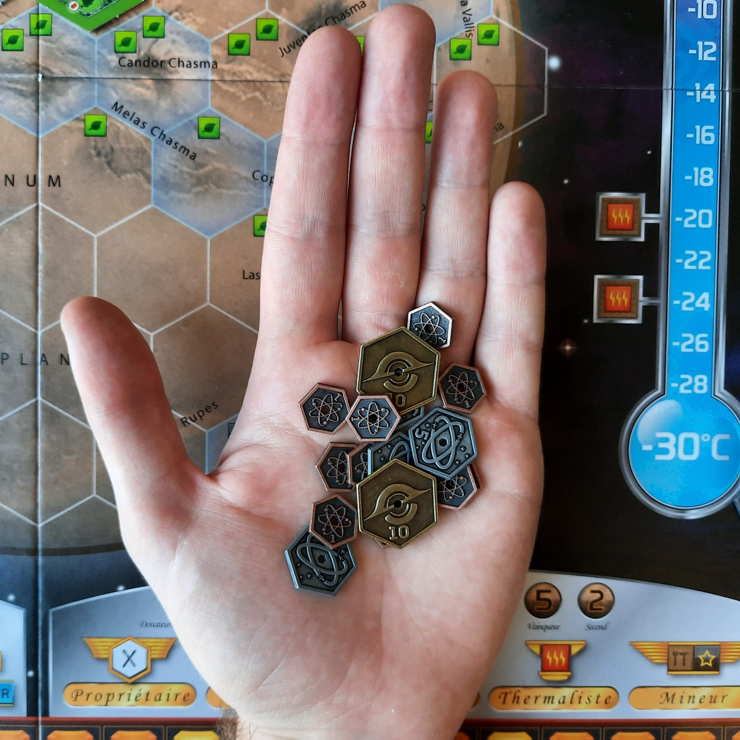 Set of hexagonal metal coins for Terraforming Mars