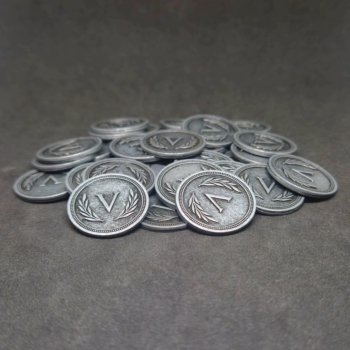 Silver roman metal coins of value 5 for board games, 25mm