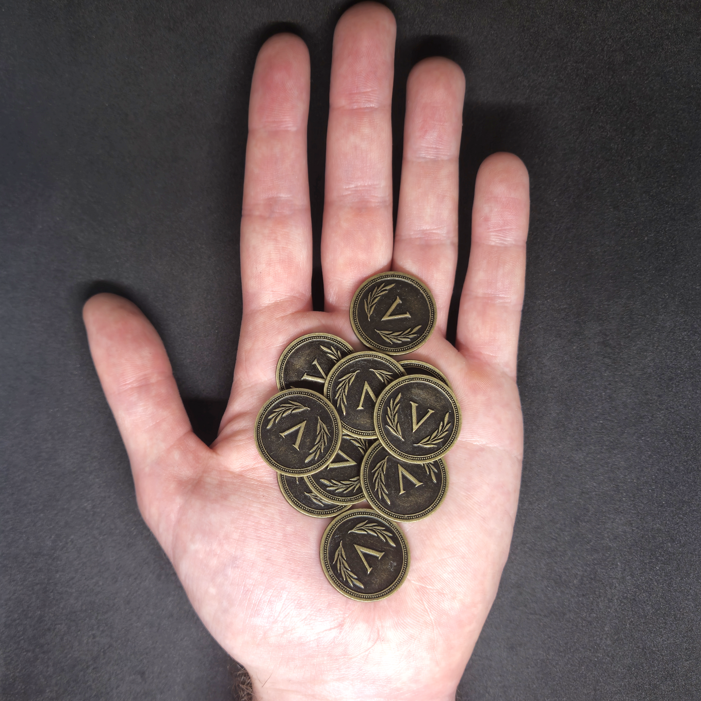 Antique gold roman metal coins of value 5 for board games, 25mm