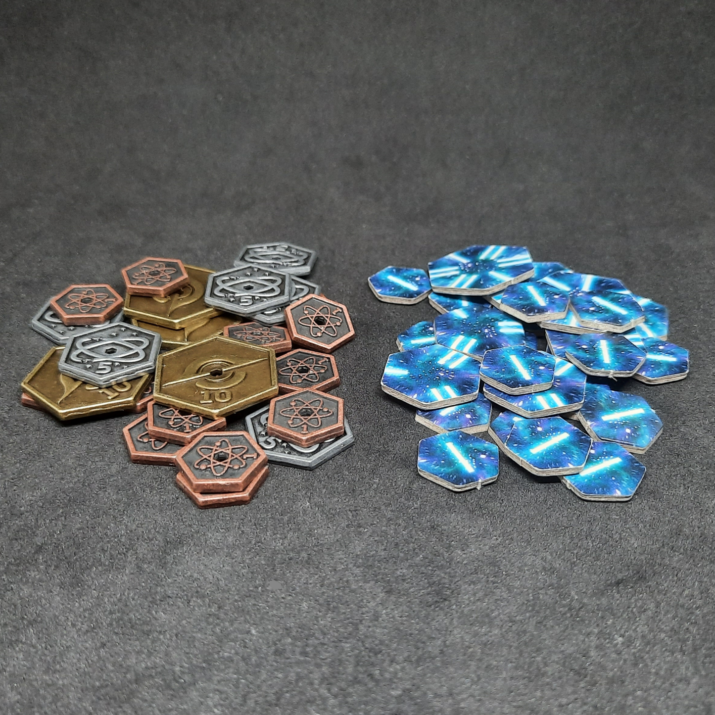 Set of hexagonal metal coins for Race for the Galaxy