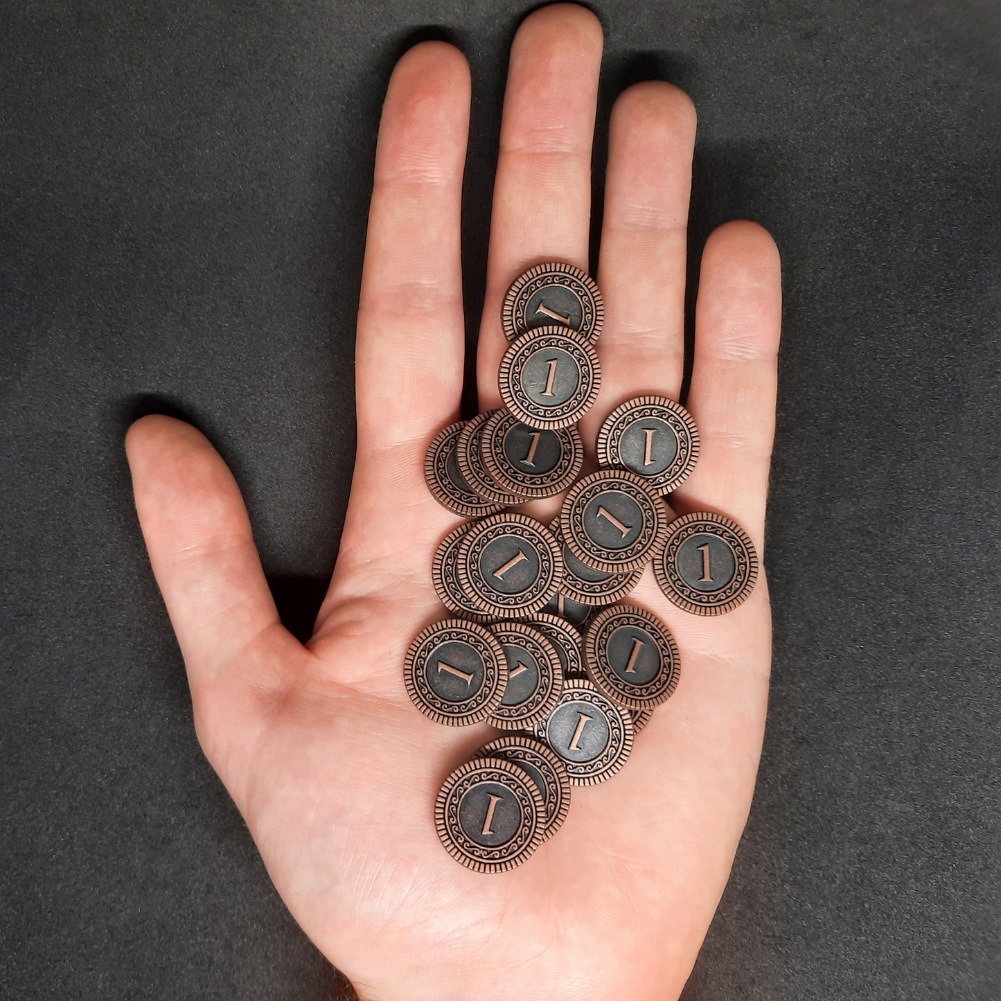 Bronze coins, 20mm, of value 1 for board games, role playing games or magic theme party