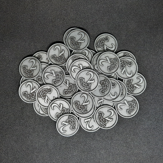 Silver metal coins of value 2 for board games, 22mm