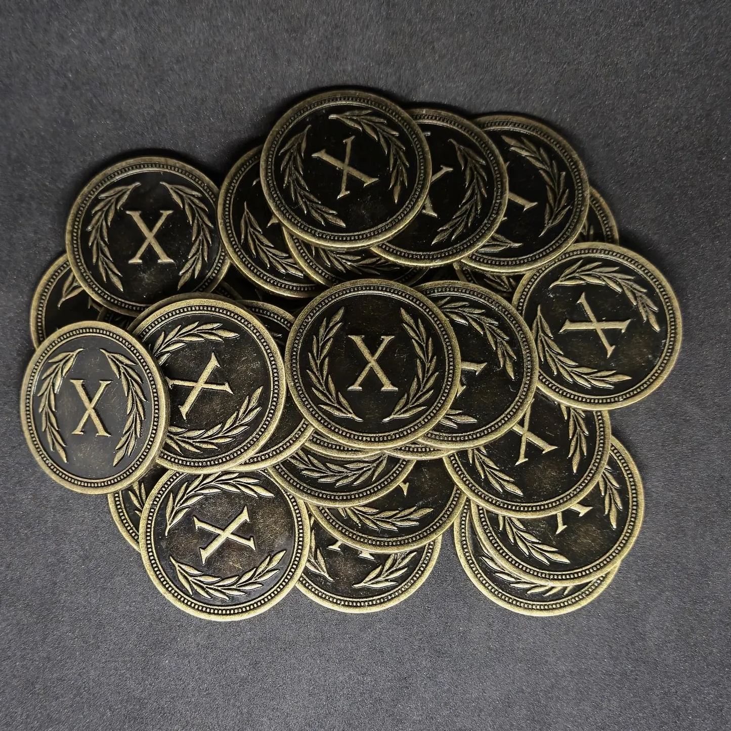 Antique gold roman metal coins of value 10 for board games, 30mm