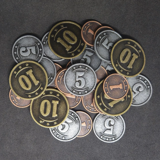Ensemble de pièces western en métal couleur bronze, argent et or de valeur 1, 5 et 10 pour jeux de société