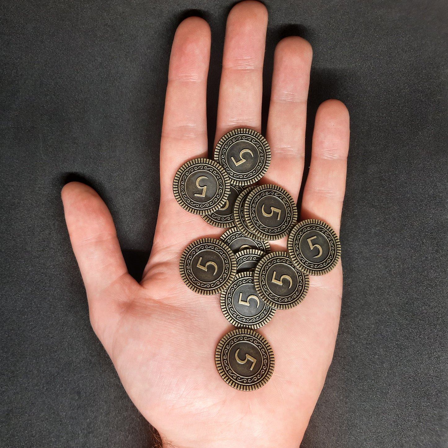 Antique gold coins, 25mm, of value 5 for board games, role playing games or magic theme party