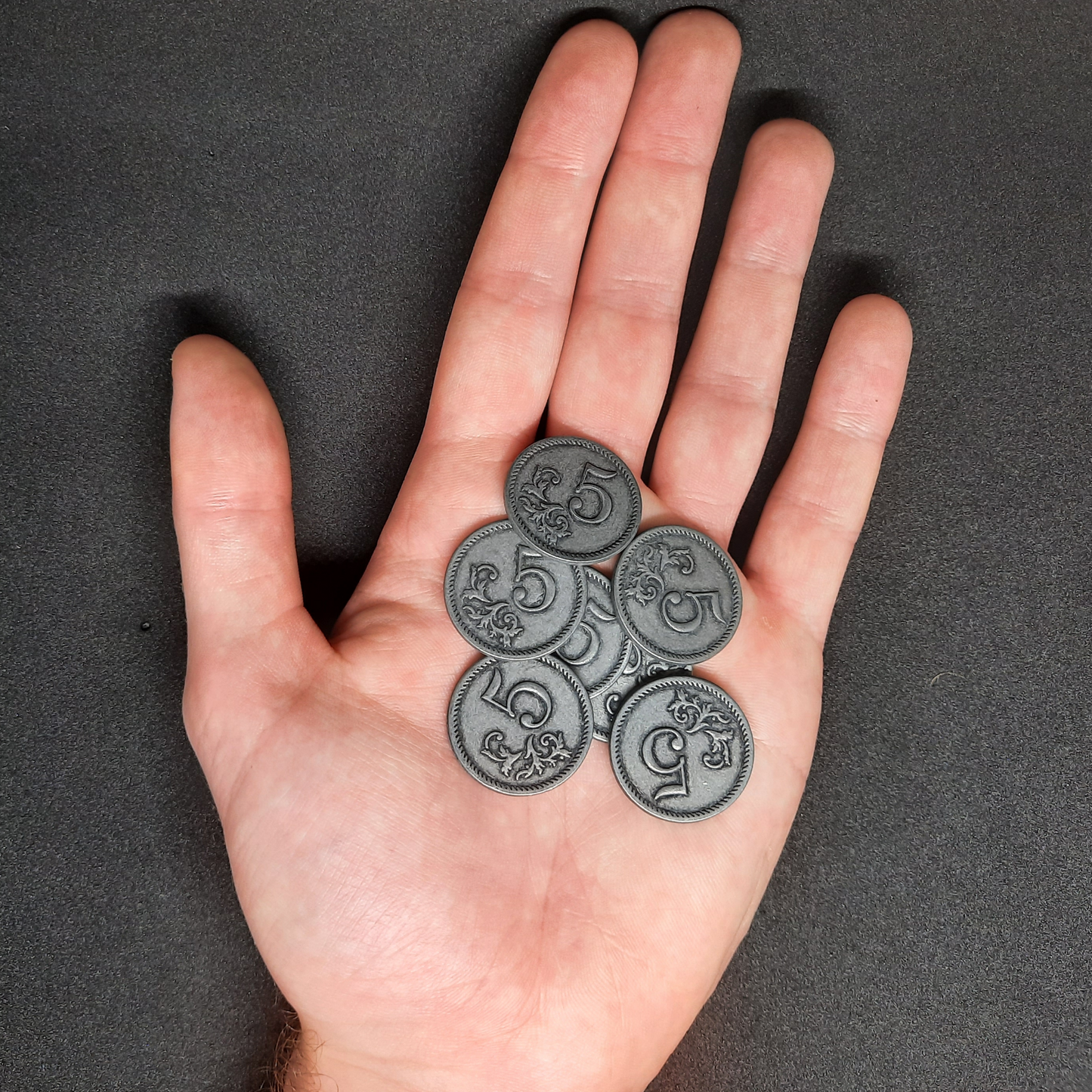 Silver metal coins of value 5 for board games, 25mm