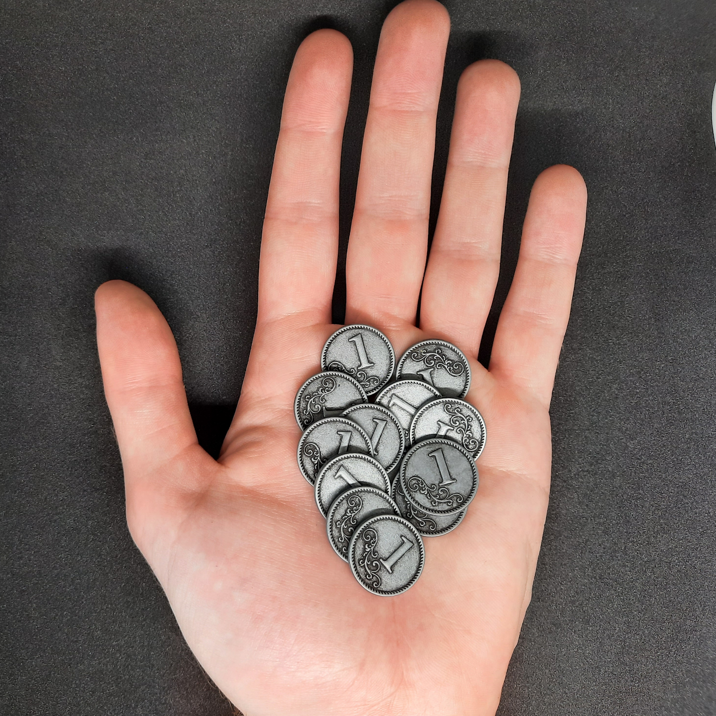 Silver metal coins of value 1 for board games, 20mm