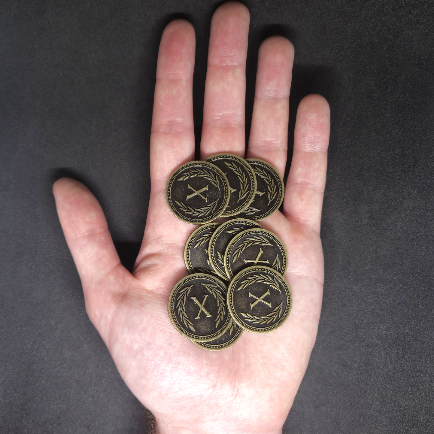 Antique gold roman metal coins of value 10 for board games, 30mm