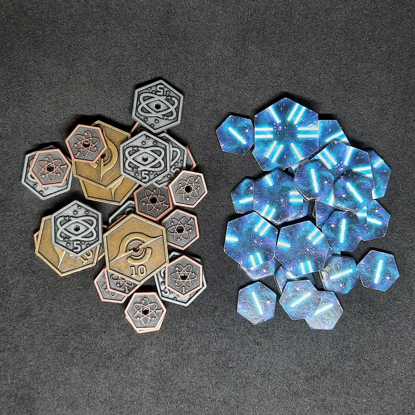 Set of hexagonal metal coins for Race for the Galaxy