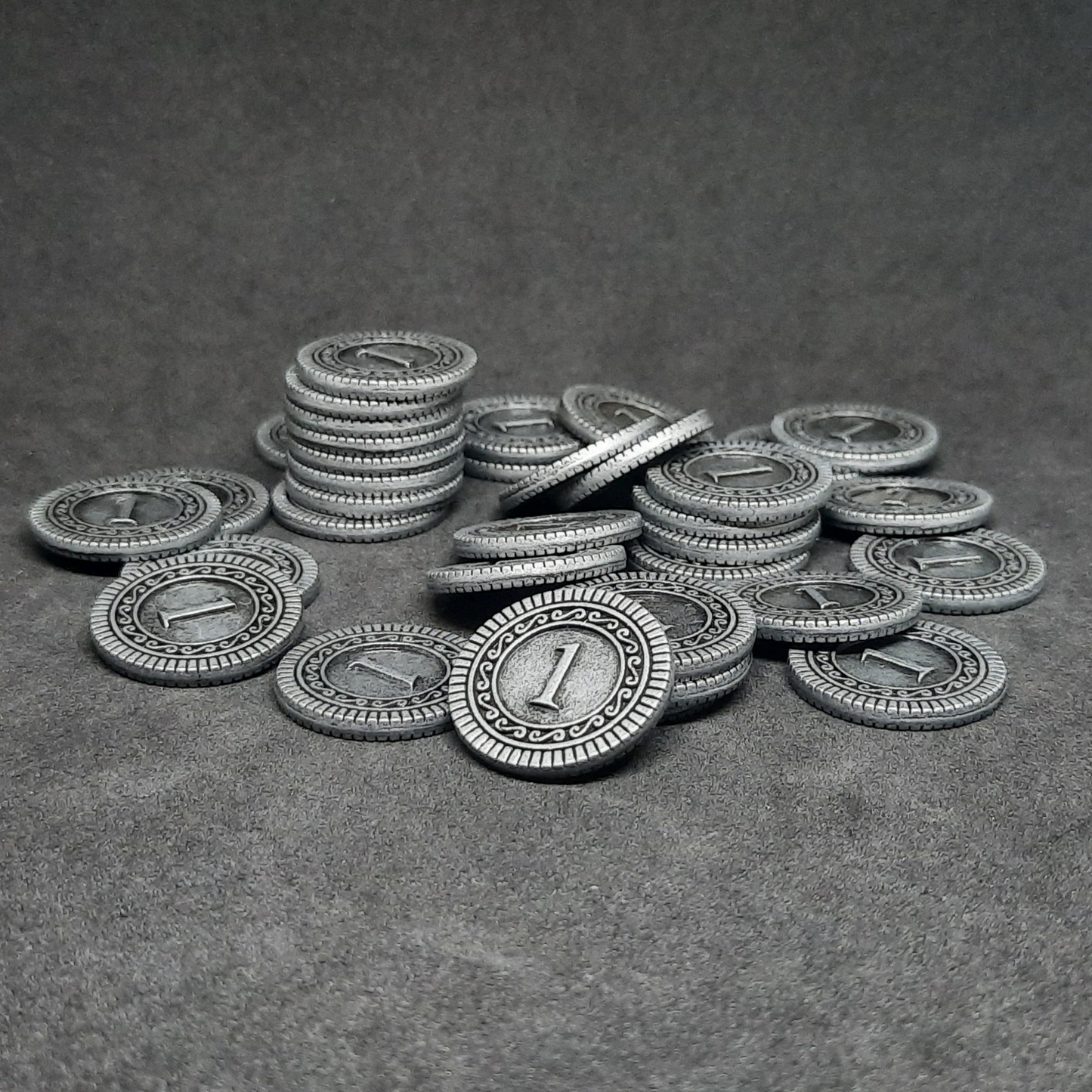 Silver coins, 20mm, of value 1 for board games, role playing games or magic theme party