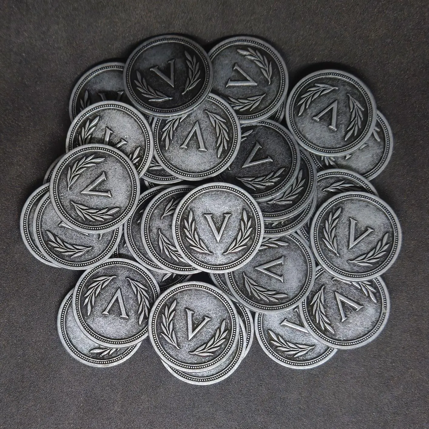 Silver roman metal coins of value 5 for board games, 25mm