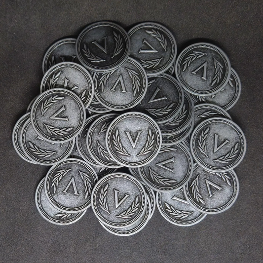 Silver roman metal coins of value 5 for board games, 25mm