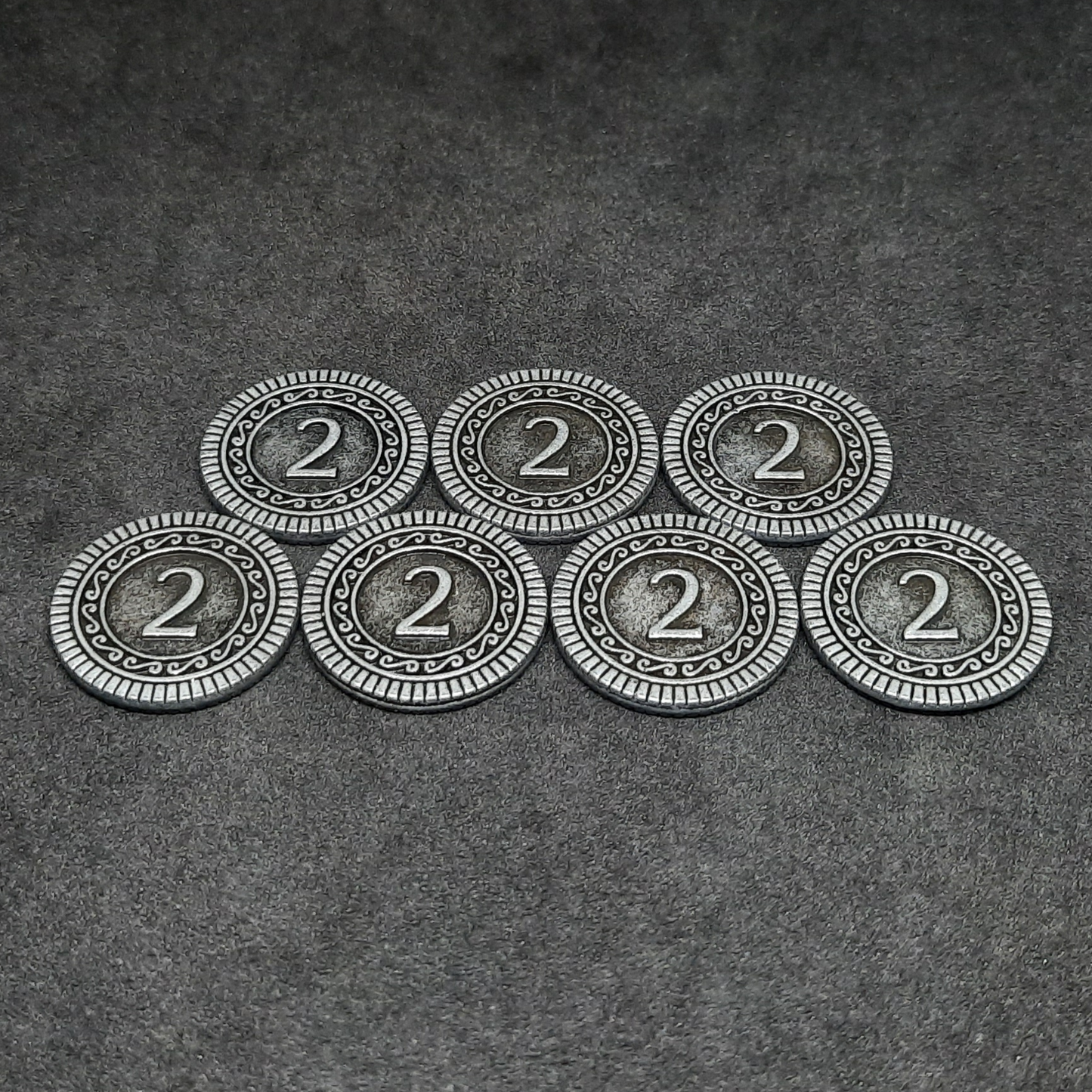 Silver coins, 22mm, of value 2 for board games, role playing games or magic theme party