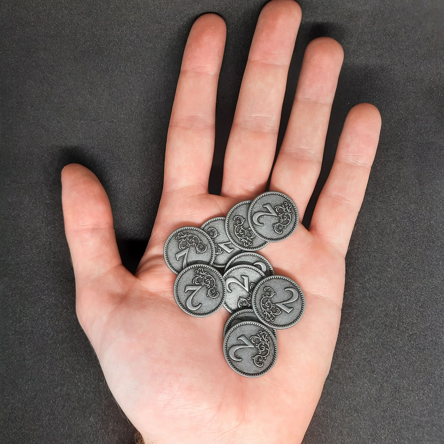 Silver metal coins of value 2 for board games, 22mm