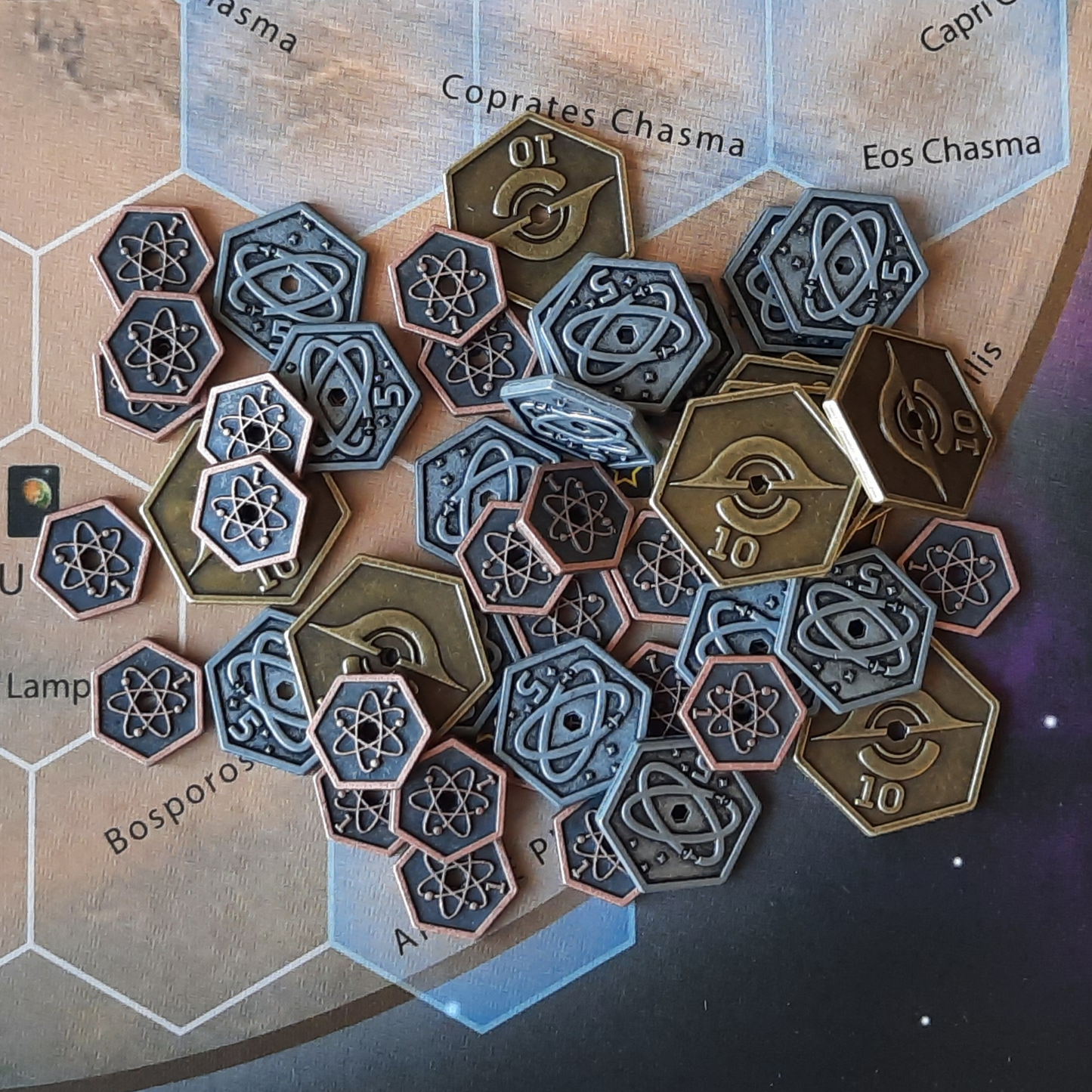 Set of hexagonal metal coins for Terraforming Mars