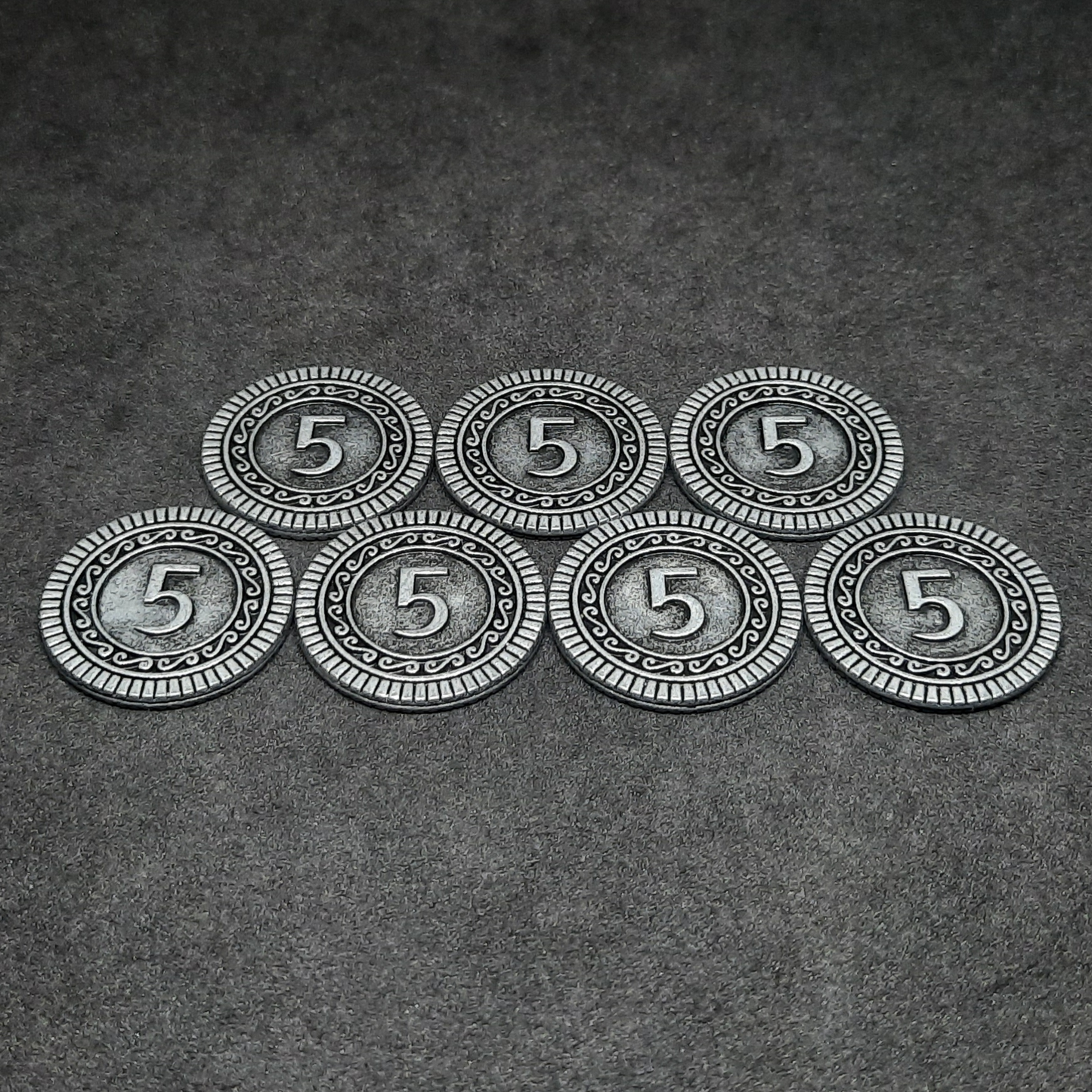 Silver coins, 25mm, of value 5 for board games, role playing games or magic theme party