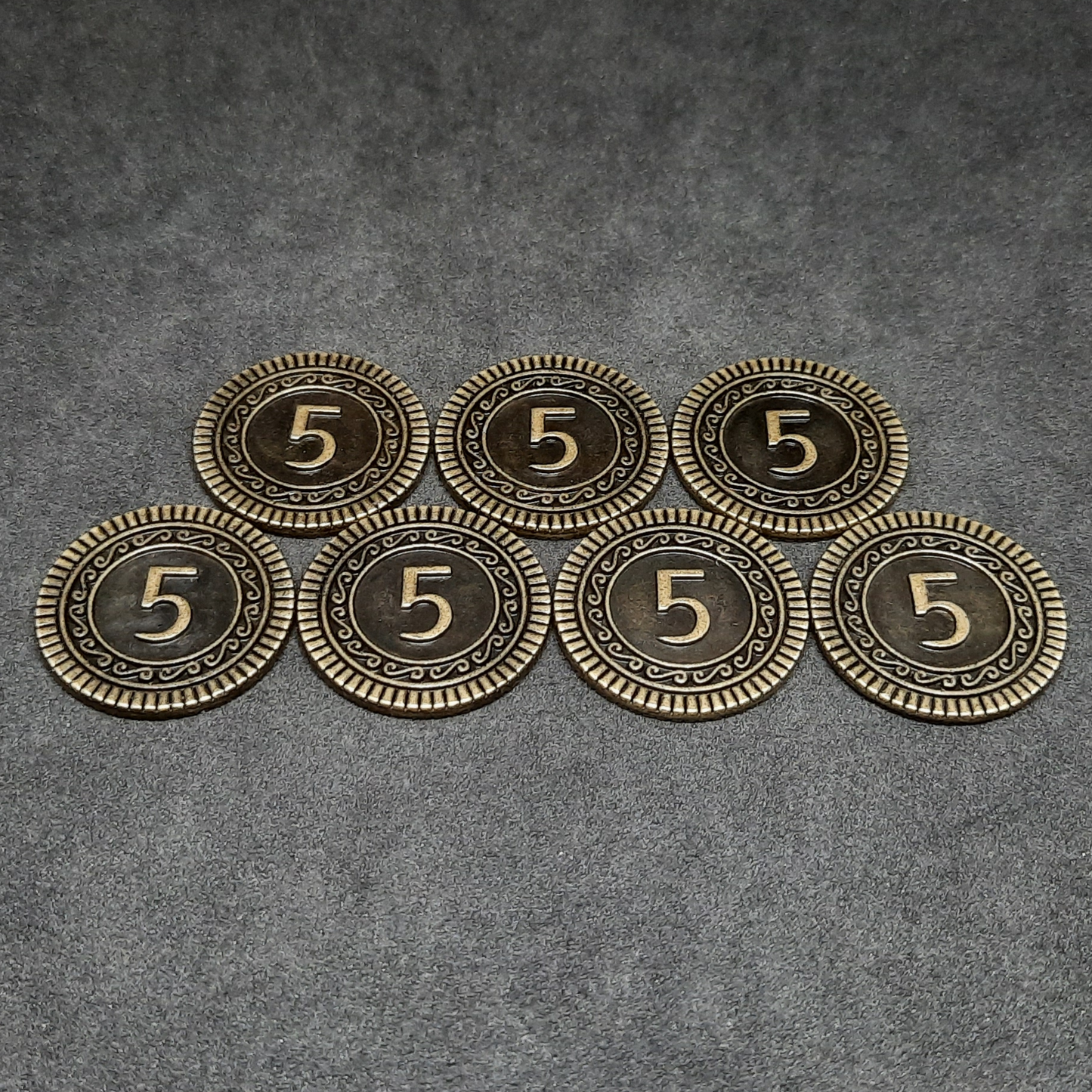 Antique gold coins, 25mm, of value 5 for board games, role playing games or magic theme party